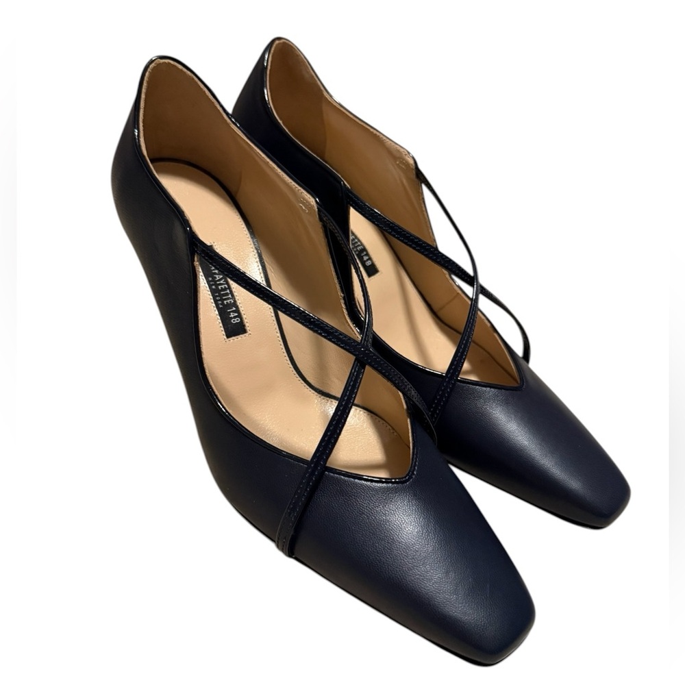 Lafayette 148 New York Square Toe Cross Strap Heels in Navy Blue Size 37 US 7 - Picture 6 of 6